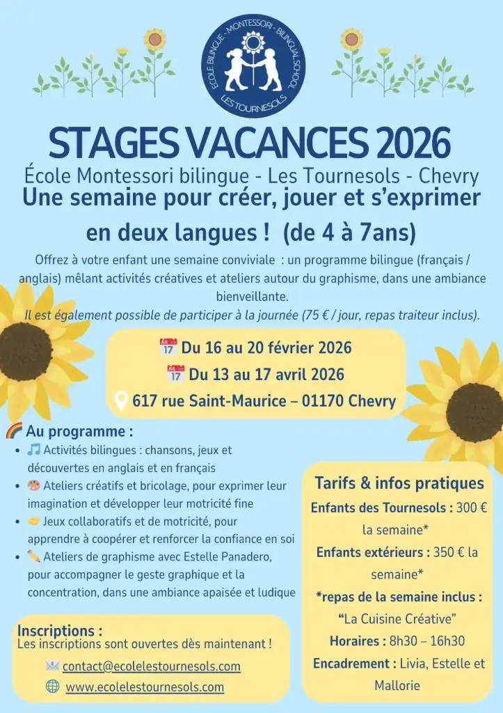 Stage Vacance du 16 au 20 février 2026 - Chevry - Enfant Les Tournesols